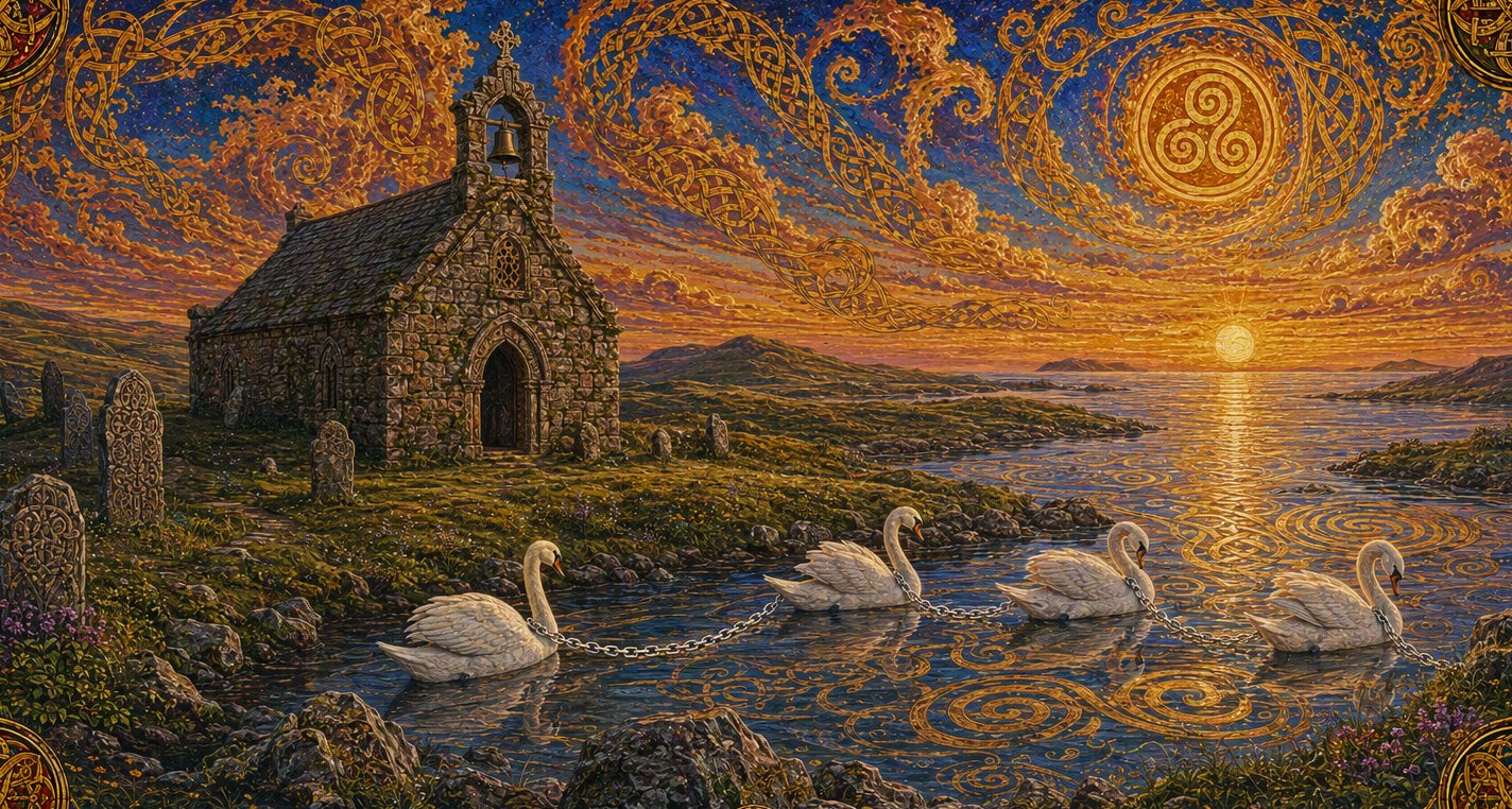 Dawn on a small western island. A stone church with a bell; four swans at the water's edge, linked by silver chains.