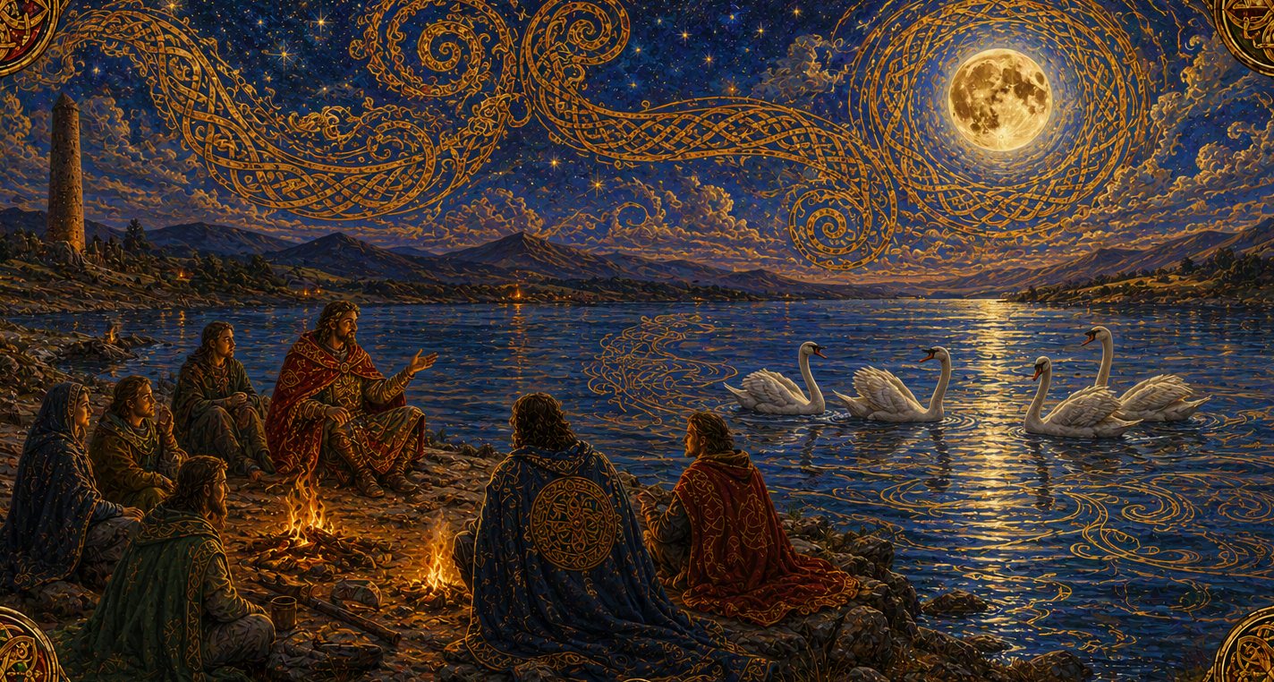 Night on the lake. Campfires along the shore; the old gods and the new people sit together listening to four swans sing.