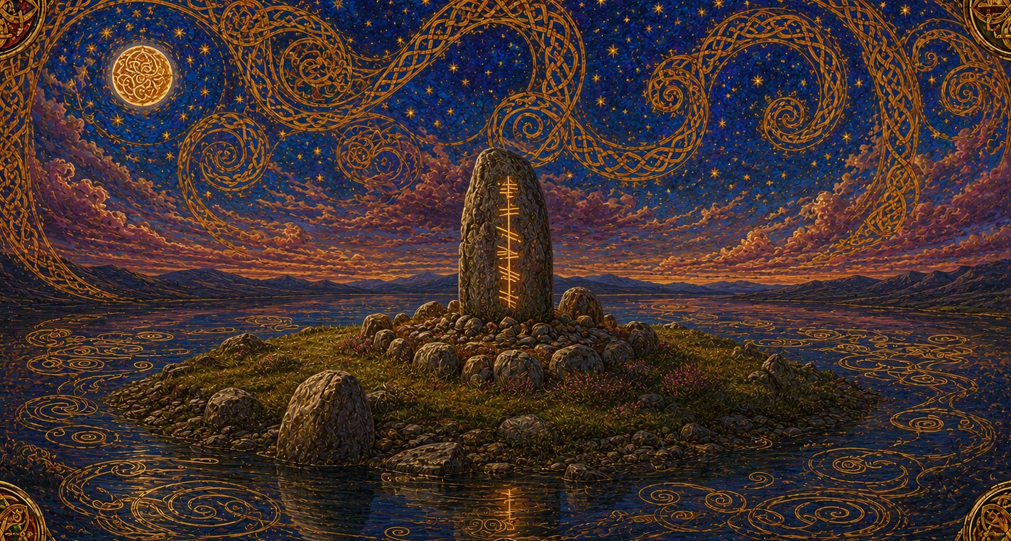 A grave on an island under the stars, marked by a stone cut with ogham.