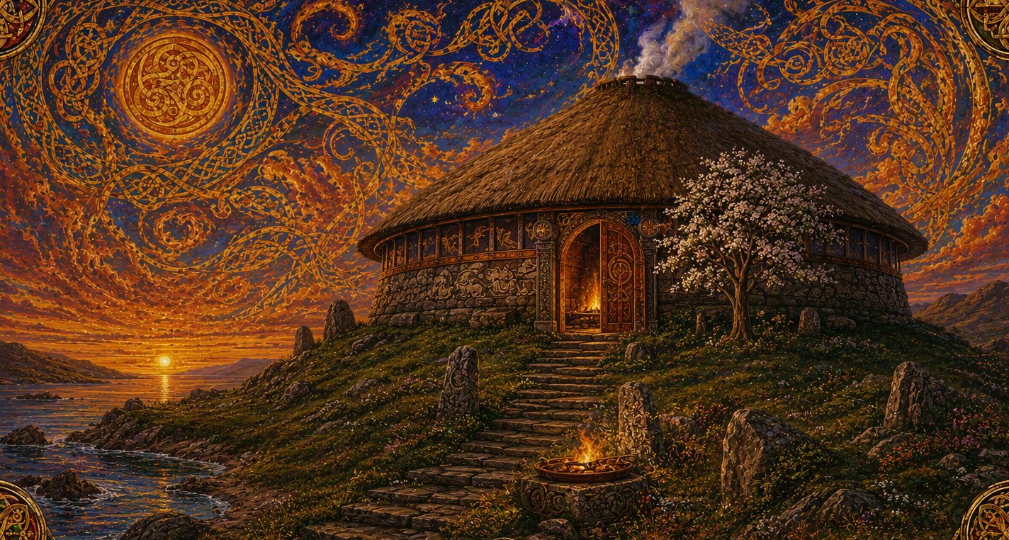 Lir's round hall on its hill at evening, smoke rising, a tree in blossom by the door.