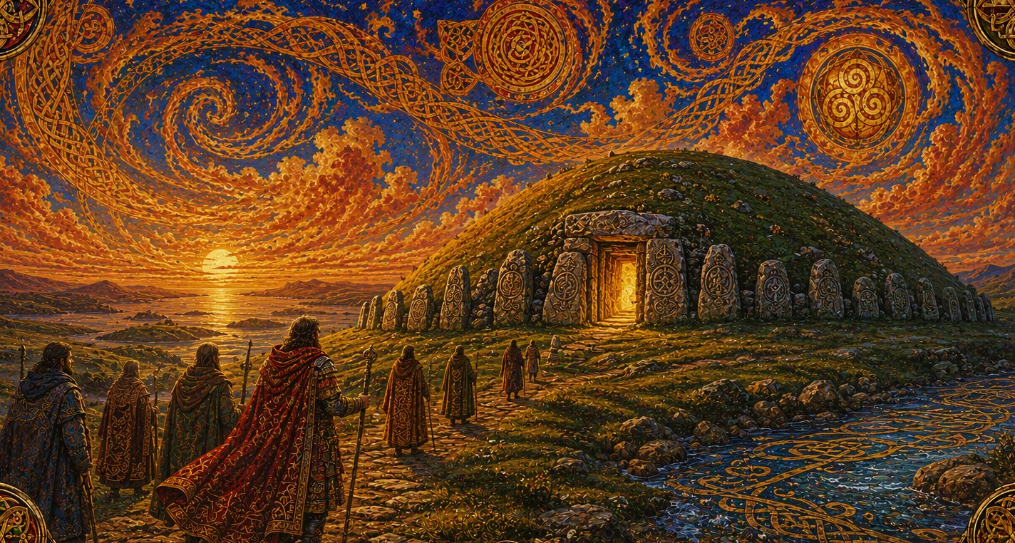 At sunset a line of cloaked figures walks toward a great grassy mound ringed with carved kerbstones, light spilling from its door: the Tuatha Dé go into the hills.