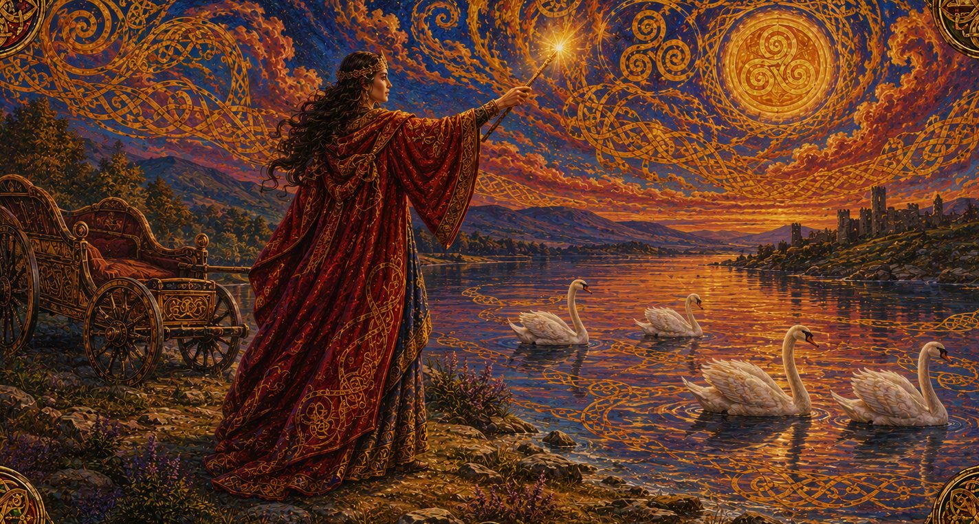 A lake shore at dusk. A woman raises a glowing wand; four white swans float on the water where four children were swimming.