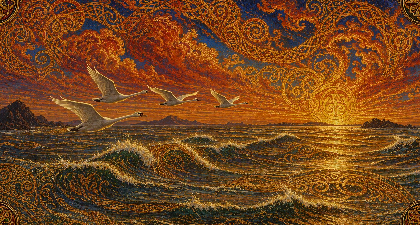 The western ocean at sunset: a long swell, distant islands, and four swans flying low over the water.