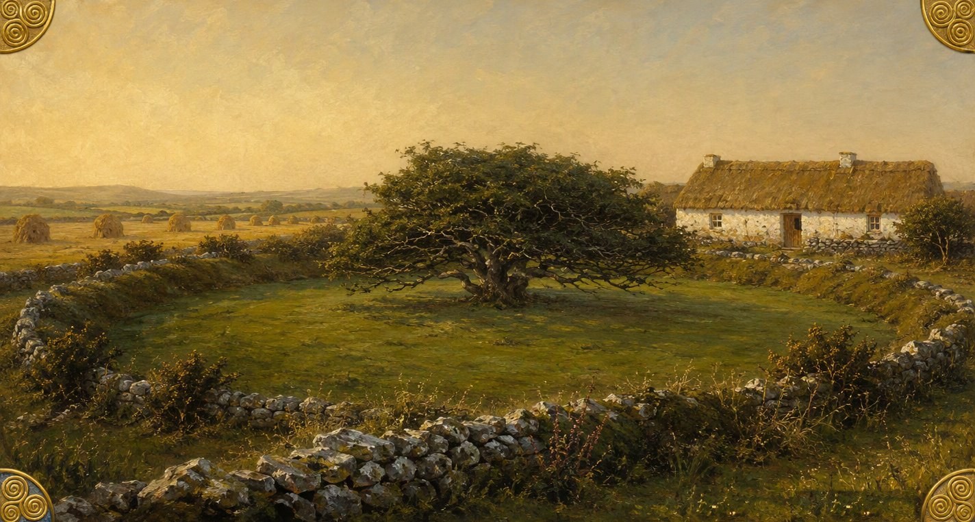 On a hazy late-summer afternoon a big old thorn stands alone on the green inside a ring-fort bank, a thatched cottage beyond it and hay-cocks in the field.
