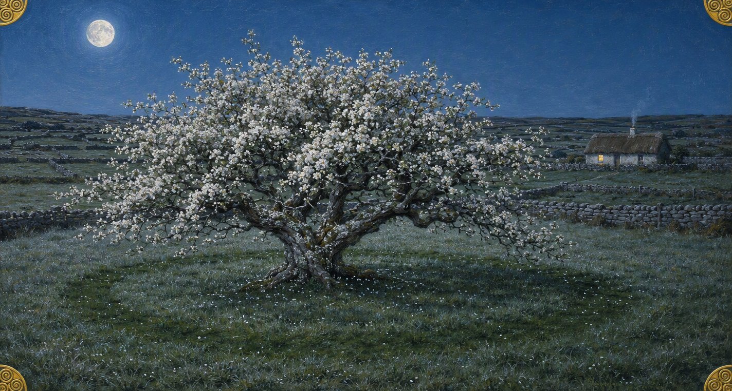 Under a full moon a lone old hawthorn in white blossom stands in a dewy field, a darker ring of grass round it, a thatched cottage with one lit window far off.