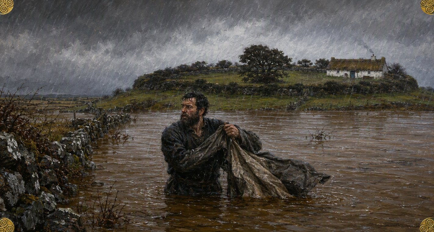 In driving rain Delane, a dark-bearded man, stands waist-deep in a brown flood, hauling his grey coat off to turn it inside out, the ring-fort behind him.