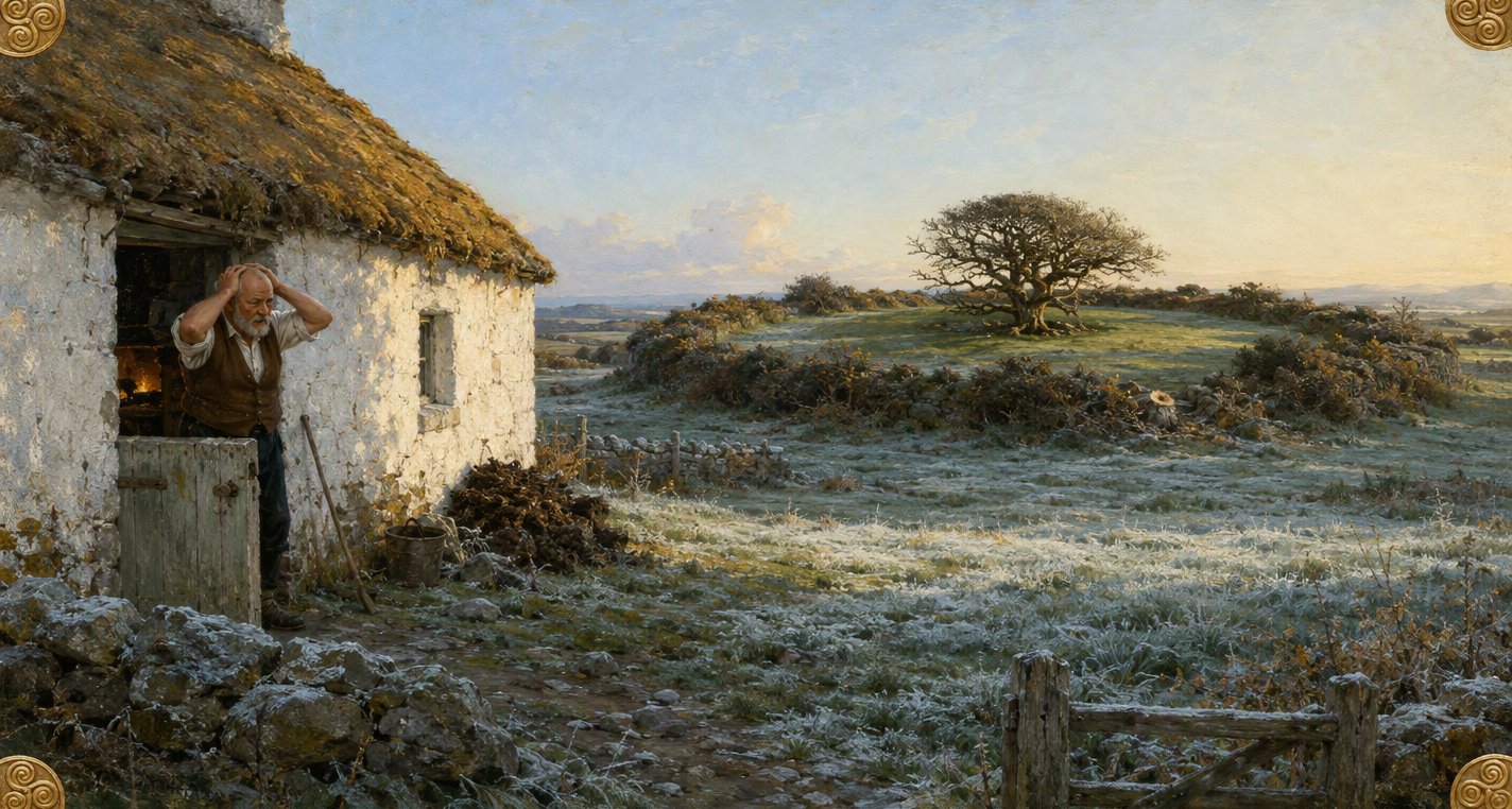 On a frosty morning old Hanrahan stands at his cottage half-door clutching his bald head, staring across the white field at the bushy bank of his ring-fort.