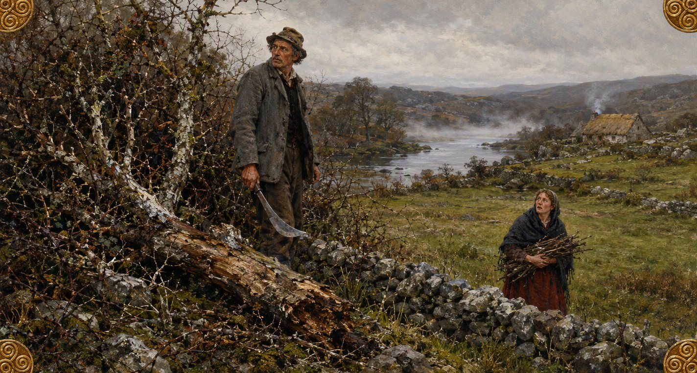 By a misty river Doheny, in a grey frieze coat with a billhook, stands over the old thorn he has cut, listening, while his wife looks up from the field below.