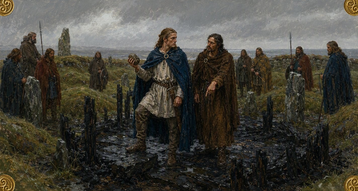 In drizzle Máel Dúin, a round stone in his raised hand, stands on a burnt church's black flagstones while thin, brown-robed Briccne points down, warriors watching.