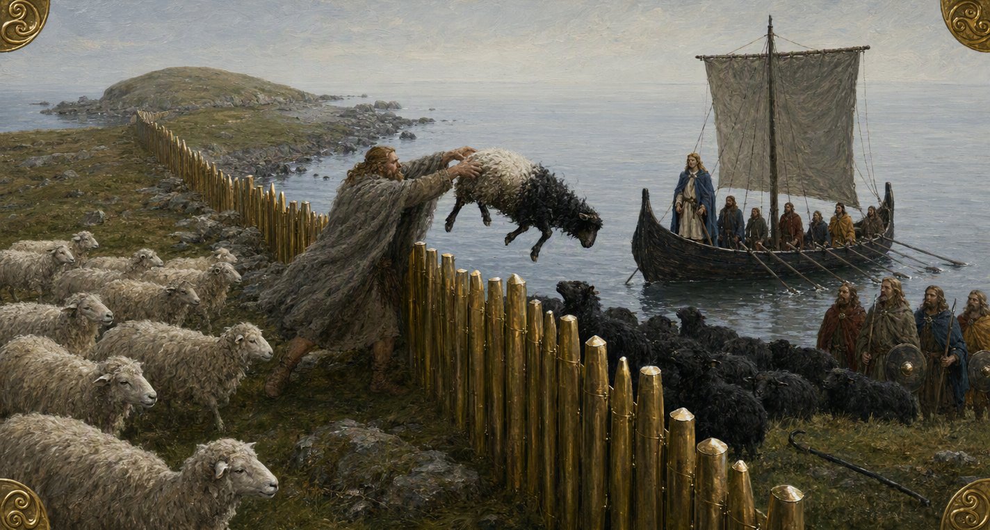 On a hazy shore a big man in a grey cloak heaves a white sheep, turning black as it flies, over a brass palisade into a black flock, Máel Dúin's boat lying offshore.