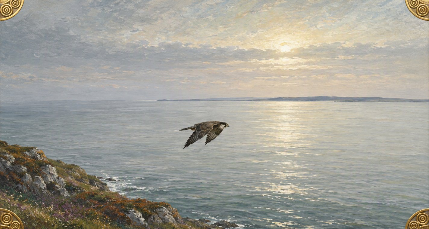 On a calm morning a peregrine falcon flies low over a pale sea towards a faint line of land, the sun just up behind thin cloud, a heathery headland at left.