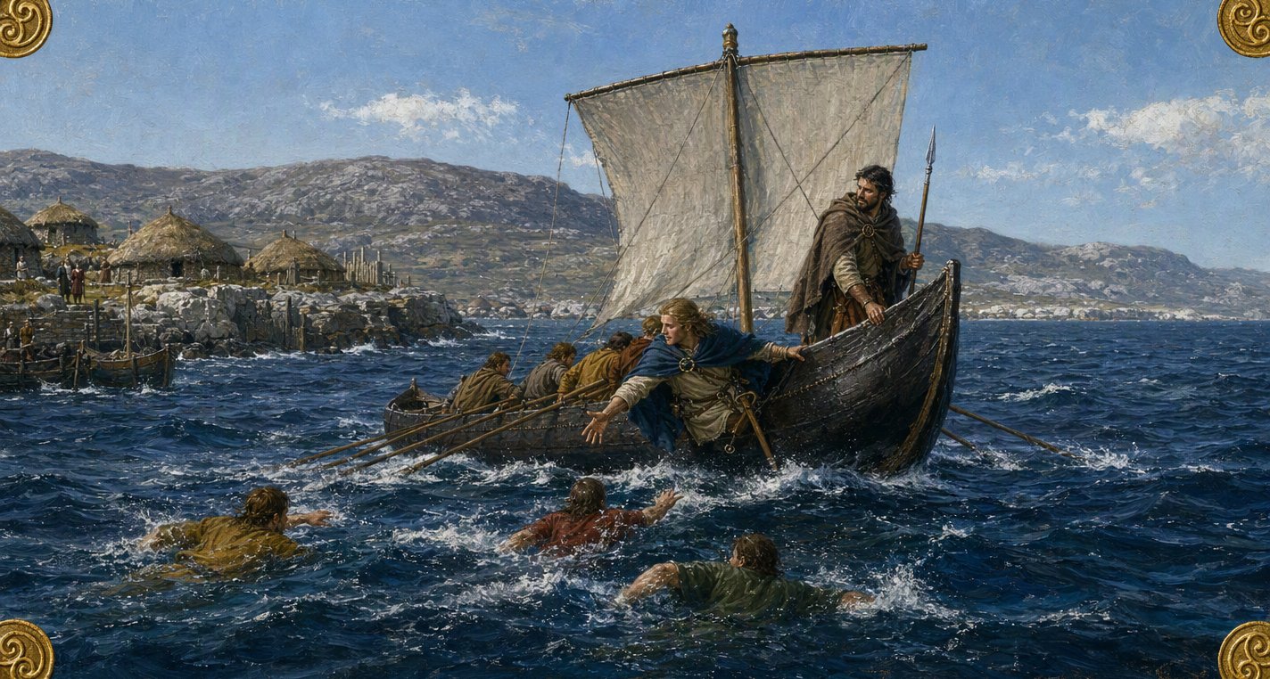 On a bright windy morning Máel Dúin leans from his dark hide boat, an arm stretched to three young men swimming in the waves, Diurán in the bow with his spear.