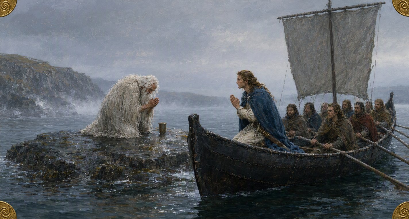 In grey mist Máel Dúin kneels in his boat's bow, hands together, before an old man praying on a wet rock, covered by his long white hair, a small cup beside him.