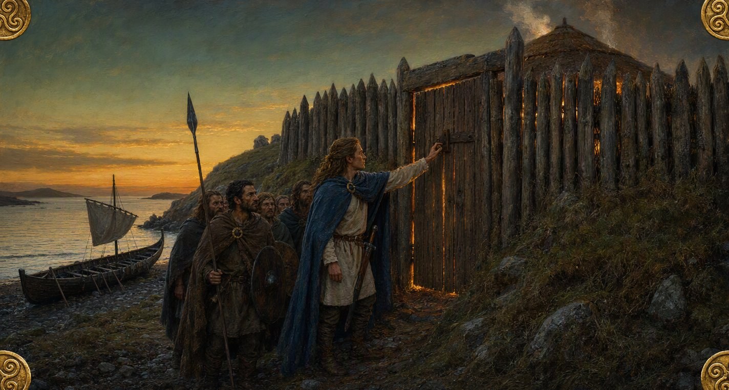 At sunset Máel Dúin reaches up to knock at the wooden gate of a ring-fort, firelight between its planks, Diurán and his men behind him, their boat on the shingle.