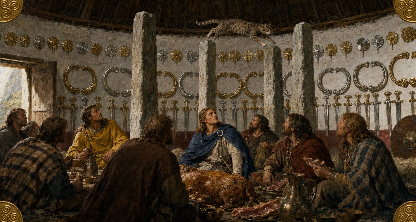 In a lime-white round house Máel Dúin and his men feast and look up at a tabby cat leaping between stone pillars, rows of torcs, brooches and swords on the wall.