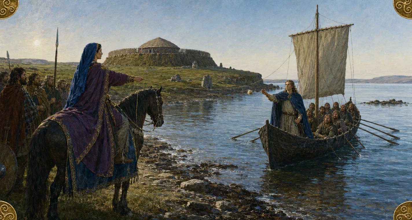 In low morning sun a queen in a blue hood and purple mantle, on a black horse by the water, casts a thread to Máel Dúin, who reaches from his boat among staring men.