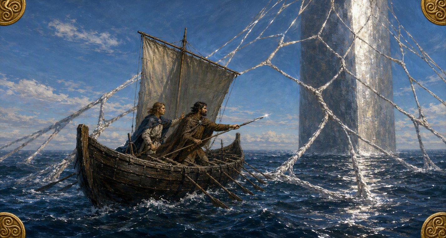 A boat under sail passes through a vast silver net beside a tall silver pillar, Diurán thrusting his spear forward as Máel Dúin lifts a hand to stop him.