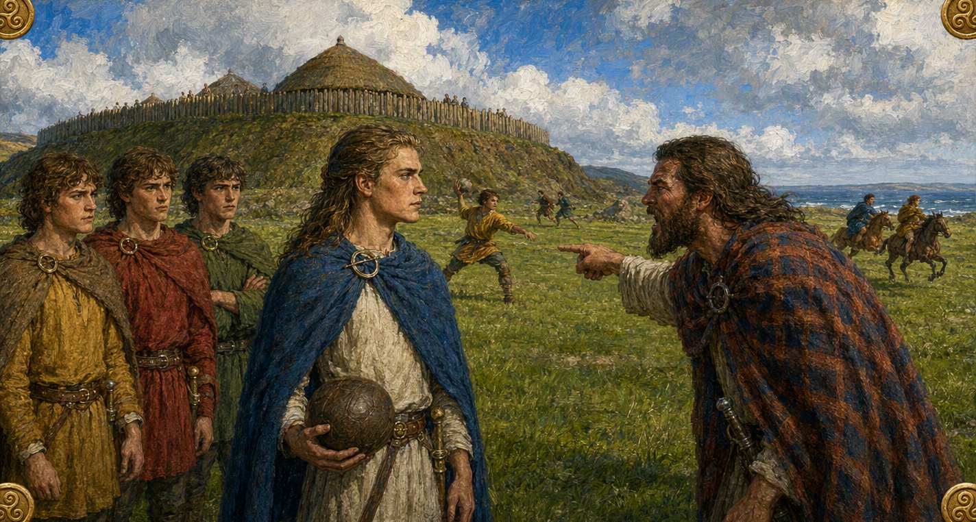 On a games field below a ring-fort Máel Dúin, ball in hand, stands still as a bearded warrior in a checked cloak shouts and points, three foster-brothers beside him.