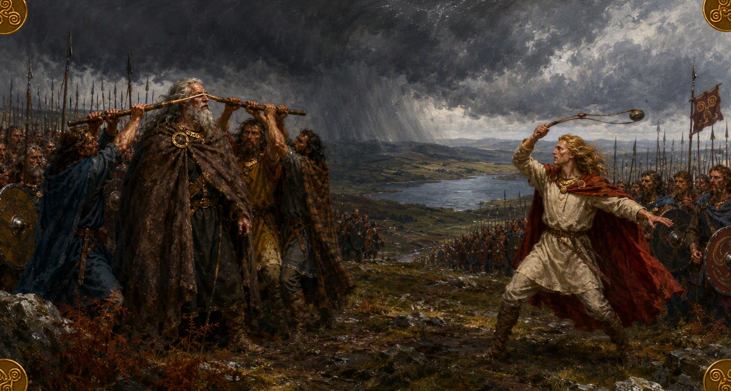On a stormy hillside above a lake three men heave a polished handle up across old Balor's brow while Lugh, golden-haired in a red cloak, whirls a sling to strike.