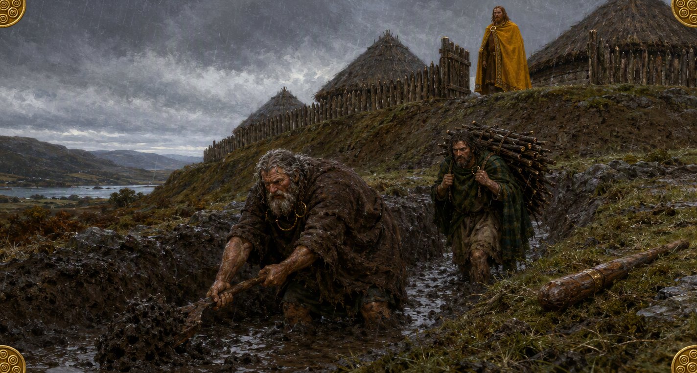 In driving rain the Dagda digs the ditch round Bres's new fort while Ogma carries a bundle of firewood and Bres, in a yellow cloak, watches from the bank above.