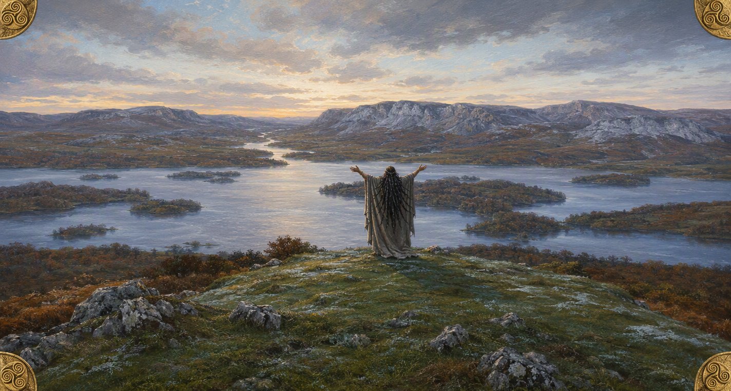 At dawn on a frosty hilltop above a long lake dotted with wooded islands, the Morrígan, seen from behind, raises both arms over the quiet land.