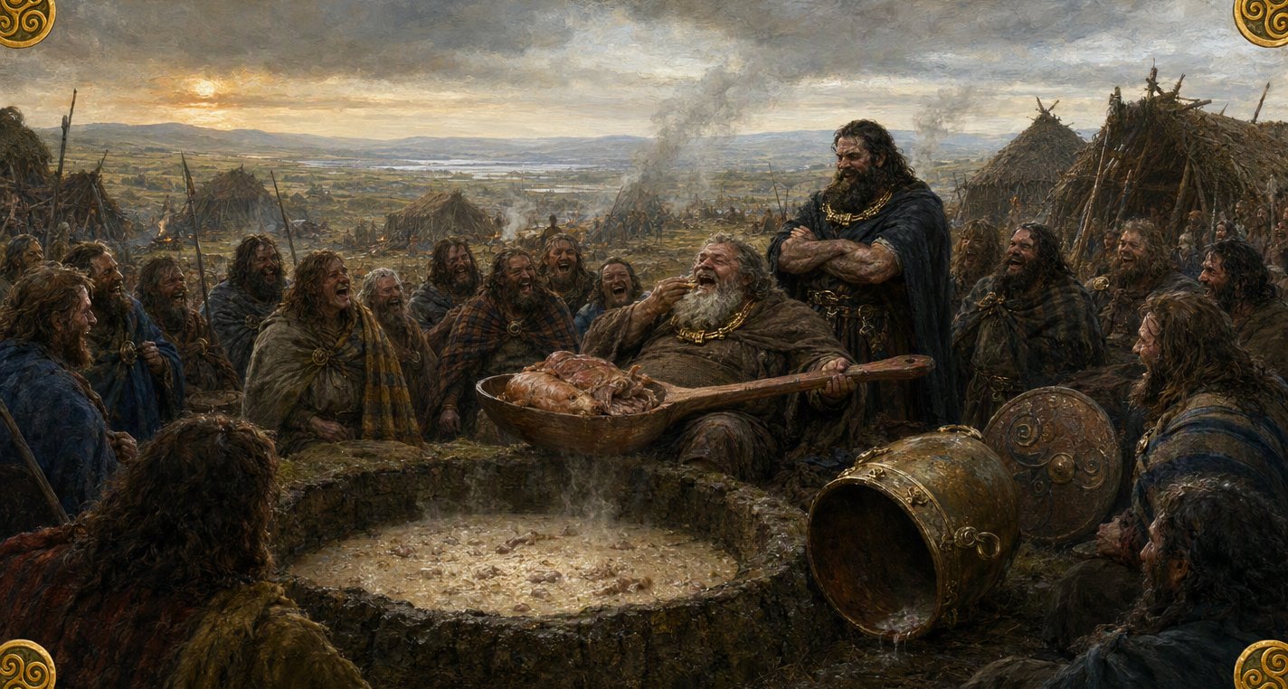 At sunset in a smoky Fomorian camp the Dagda eats porridge from a pit with a giant ladle as King Indech, arms folded, and a crowd of laughing Fomorians look on.