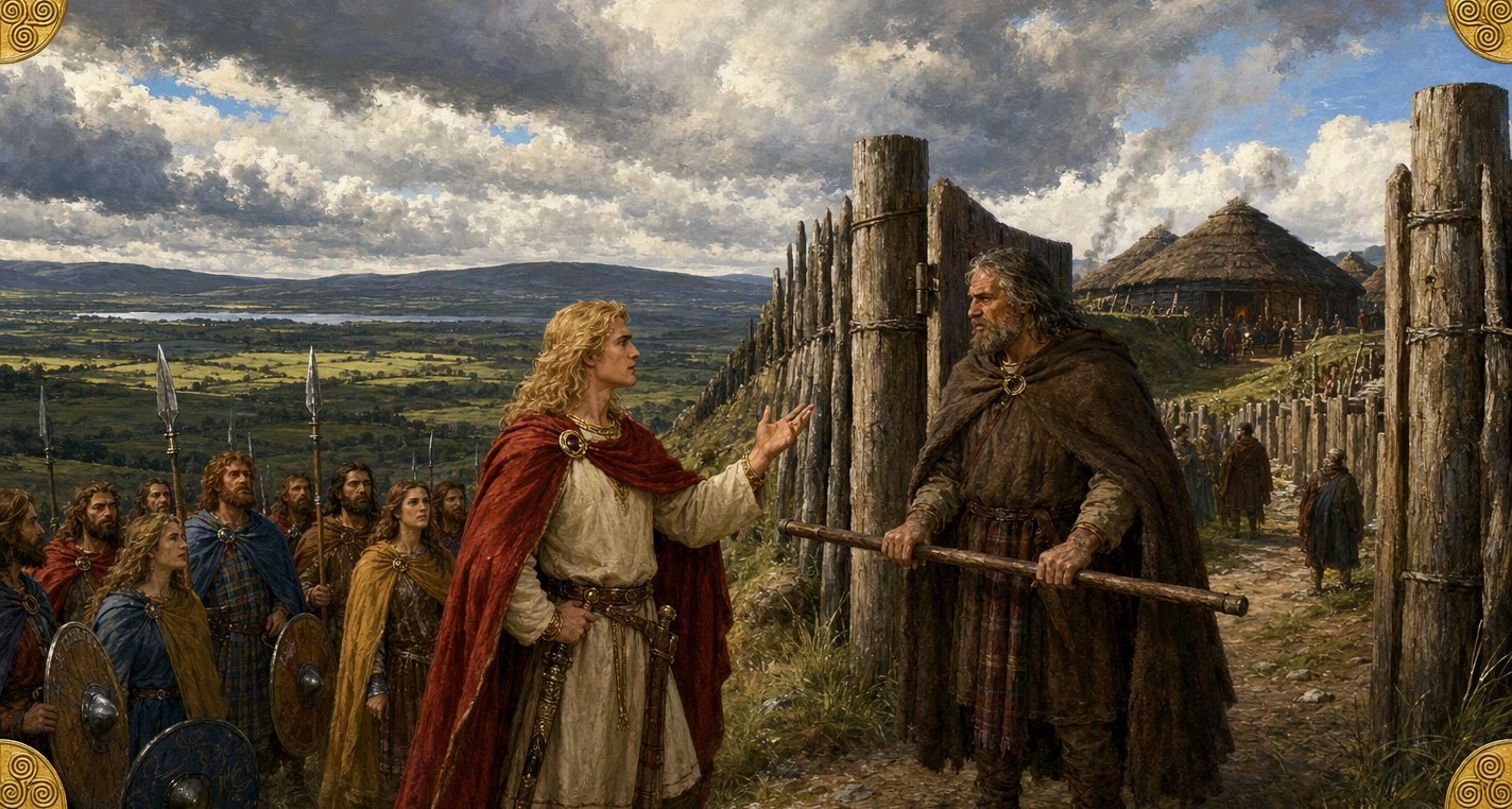 At the timber gate of Tara young Lugh in a red cloak, his company of spearmen behind him, lifts a hand to the grizzled doorkeeper who bars his way with a staff.
