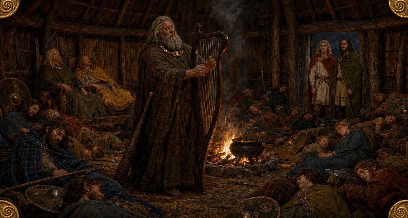 In a firelit round hall at night the Dagda plays his tall harp while a host sleeps around him, two kings dozing on chairs, and Lugh and Ogma wait at the door.