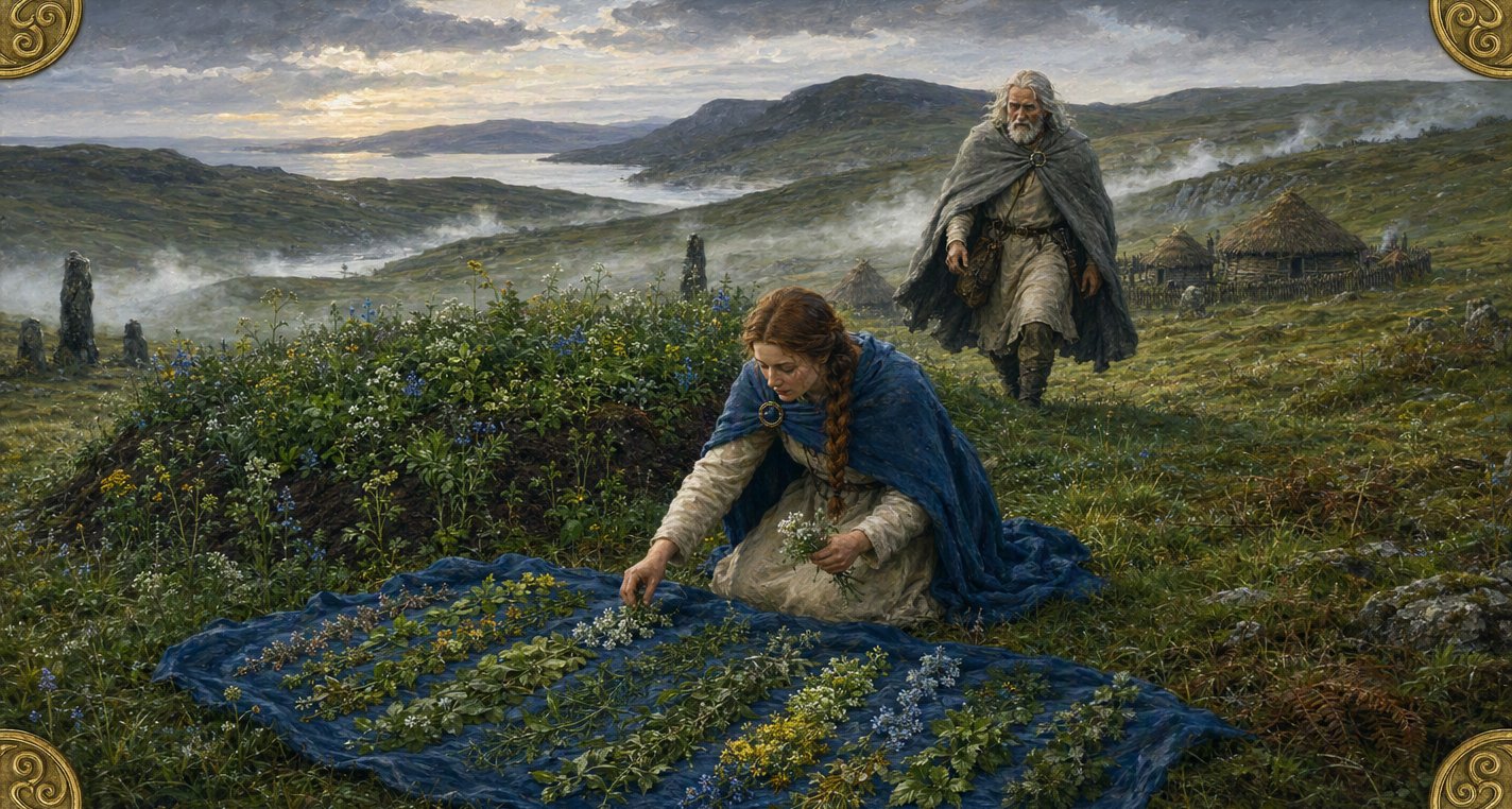 At misty dawn Airmed kneels by her brother's grave sorting the herbs that grew from it onto a spread blue cloth, while Dian Cécht strides up the slope behind her.
