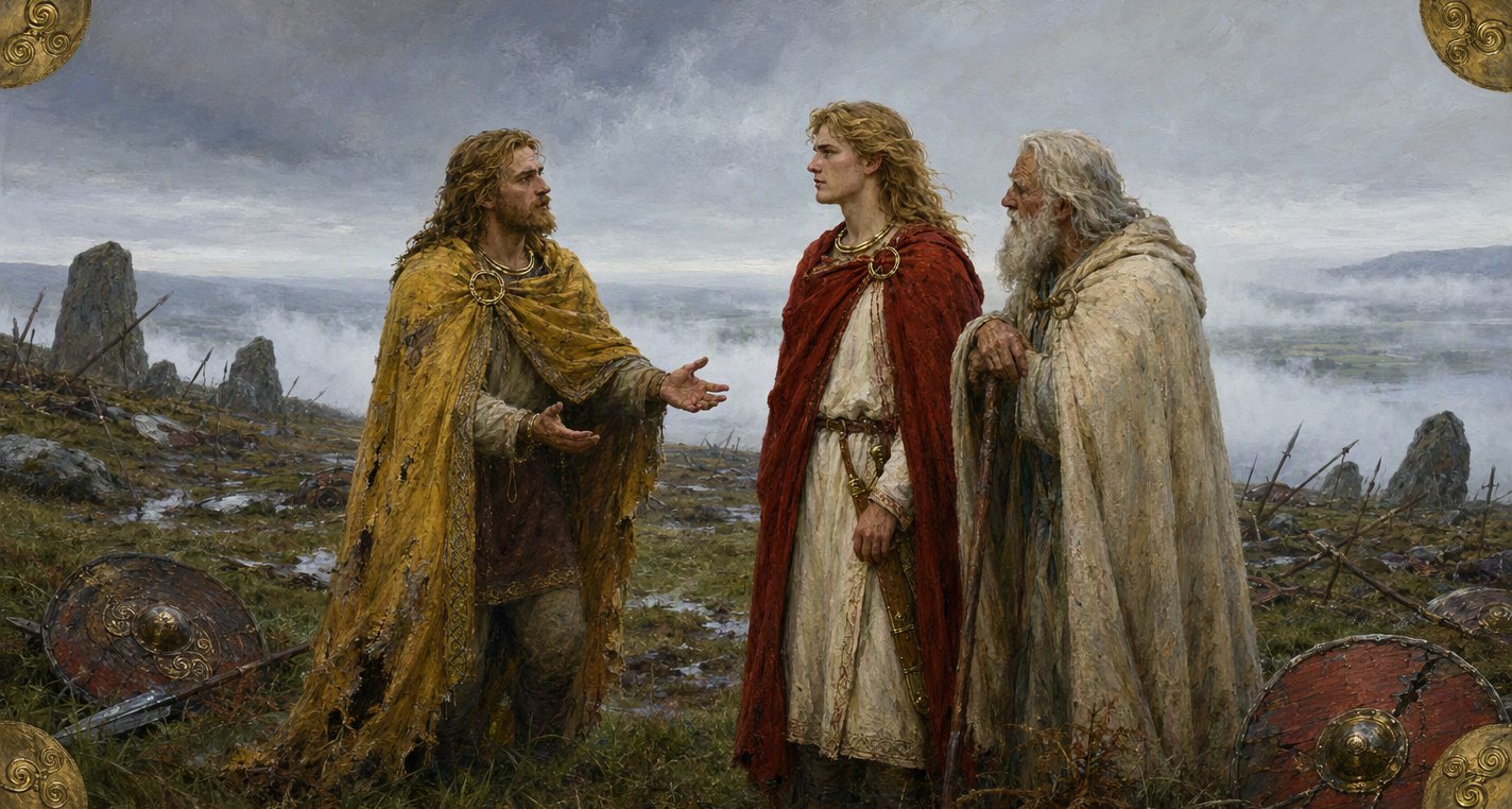 On a misty battlefield Bres, bareheaded in a torn yellow cloak, holds out empty hands to young Lugh in red while white-bearded Maeltne leans on his staff beside them.