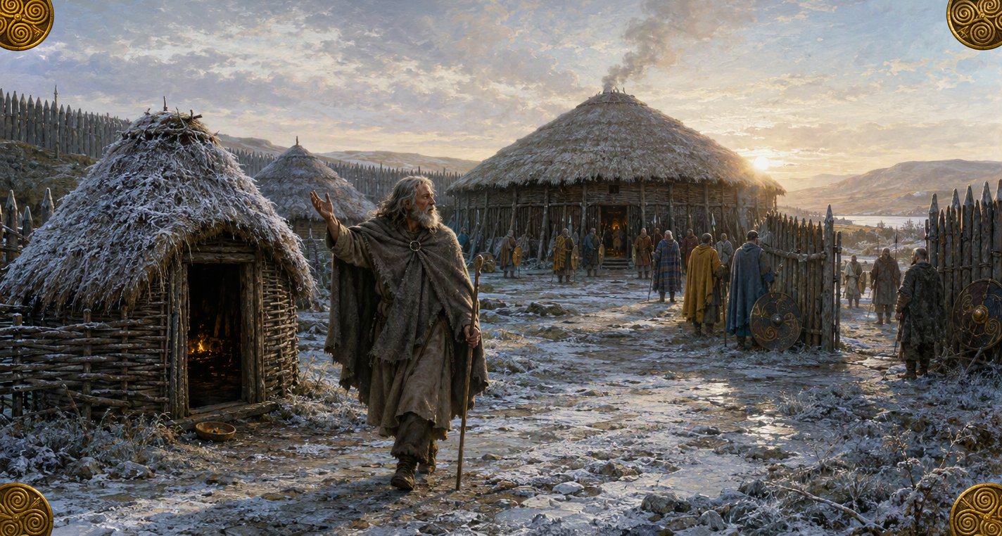 At sunrise on a frosty morning the poet Coirpre steps from a small dark hut, one hand raised, his face turned toward the great hall and the men gathered at its door.