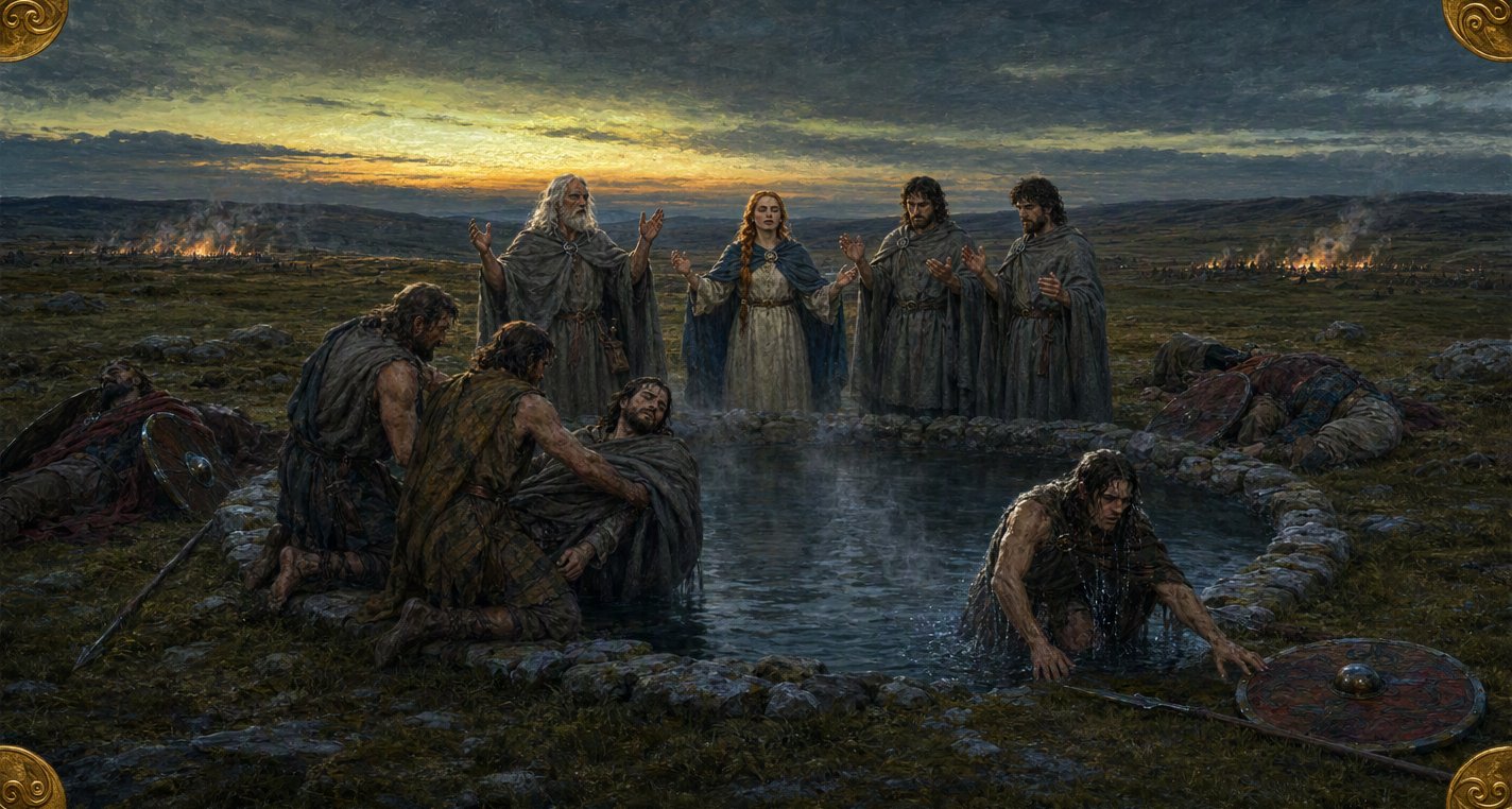 At dusk Dian Cécht, Airmed and two of his sons sing over the well of Sláine as a pale wounded man is lowered in and a healed warrior climbs out, water streaming.
