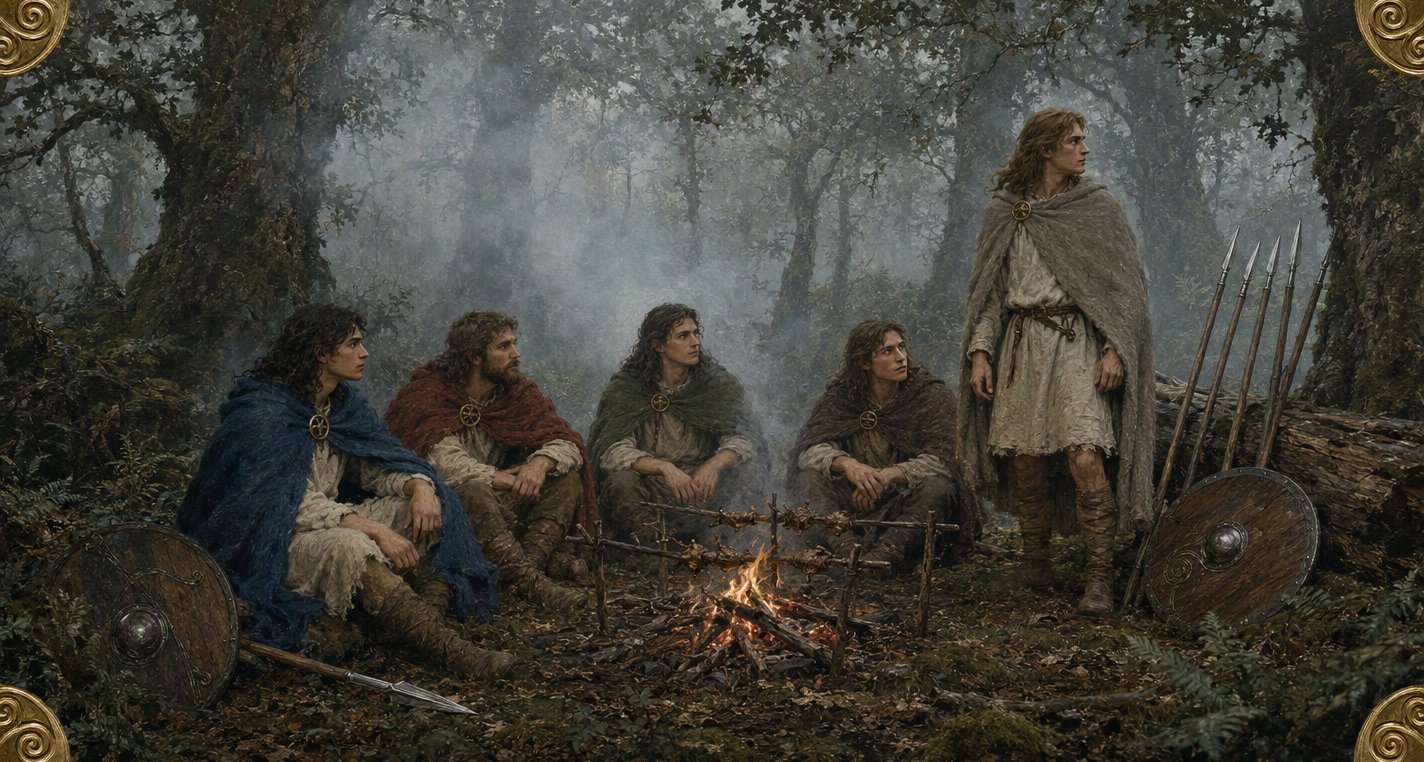 In a misty oak forest four young men sit round a small fire with meat on spits, while a fifth in a grey cloak stands peering into the fog, their spears nearby.