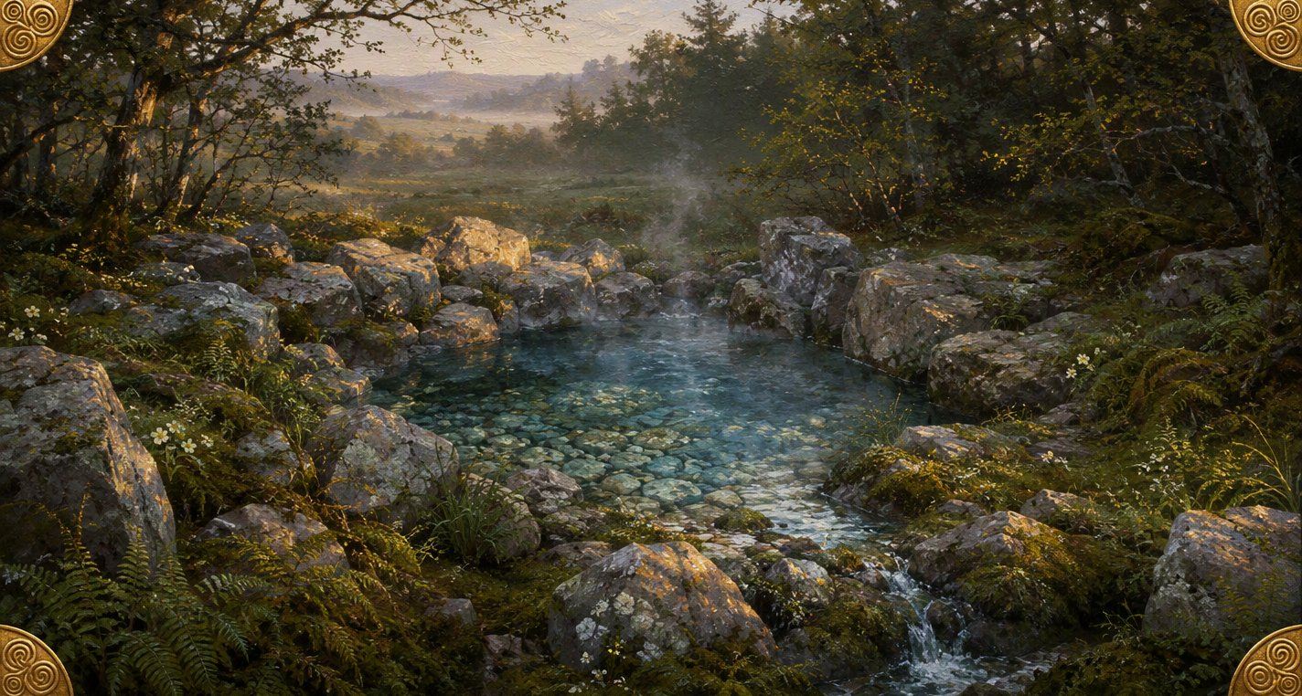At dawn a clear round spring lies among grey mossy stones and ferns at the forest's edge, mist lifting from the water as the first sun touches the rocks.