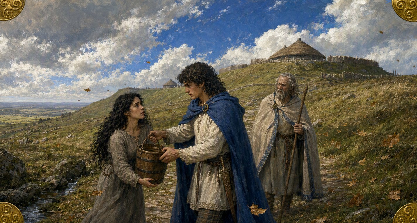 Below the ramparts of Tara on a windy autumn day, Niall in a blue cloak takes a heavy pail from the dark-haired Cairenn while the old poet Torna looks on.