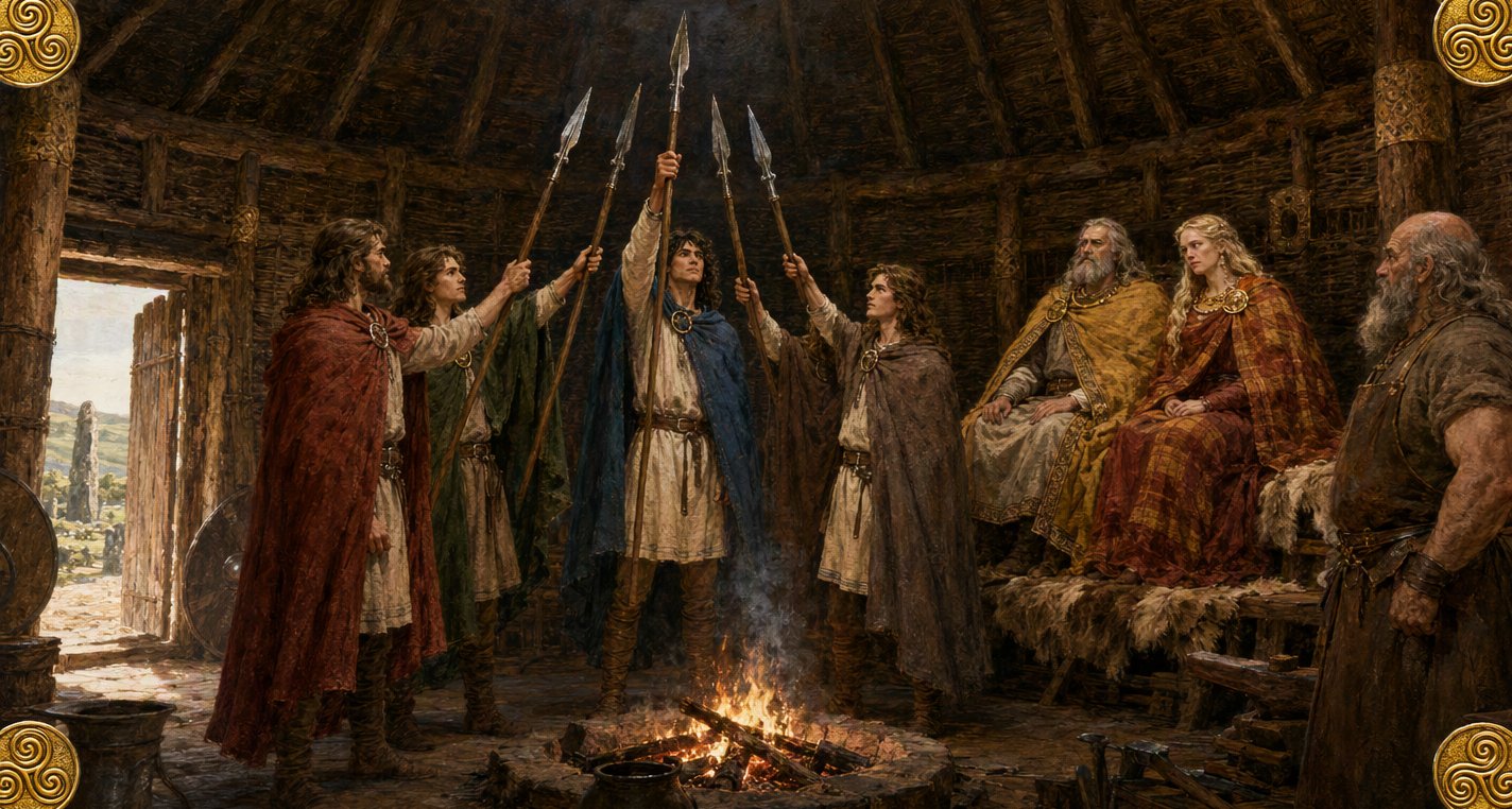 In the round hall of Tara four young men raise spears beside the hearth, Niall's highest, while King Eochaid, Queen Mongfind and the old smith Sithchenn look on.