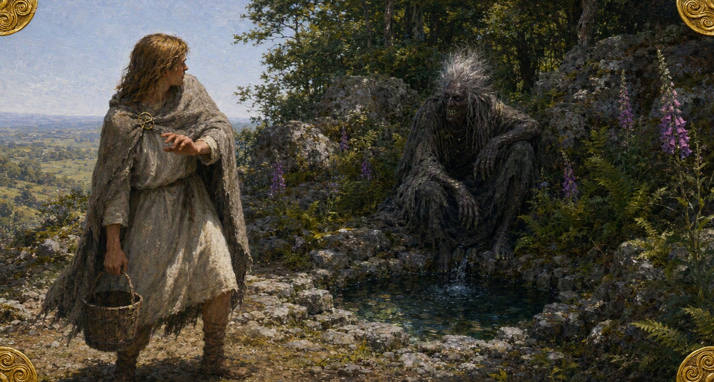 In hazy summer light a coal-black hag with a bristling grey mane and green teeth crouches at a stony spring among foxgloves as Fergus recoils, a hand held out.