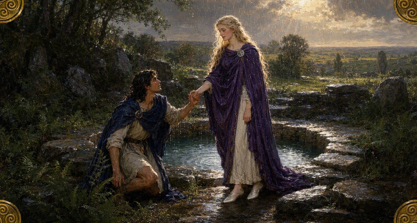 After a sun shower a fair woman in a purple mantle and silver shoes stands by a round stone-edged spring, and Niall kneels before her, holding her hand and gazing up.
