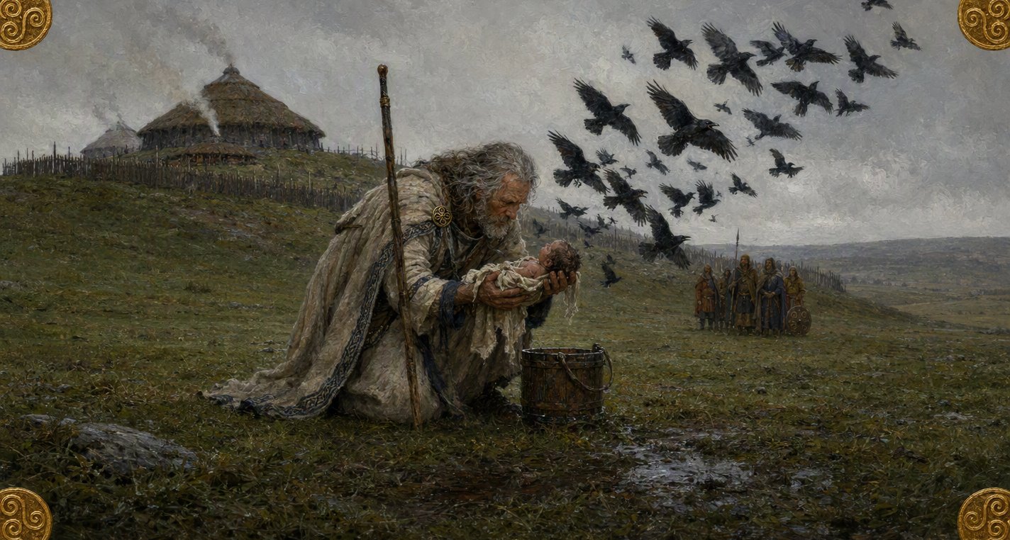 On the wet green of Tara under low grey cloud, the grey-haired poet Torna kneels with a newborn child in his arms beside a wooden pail as black birds rise away.