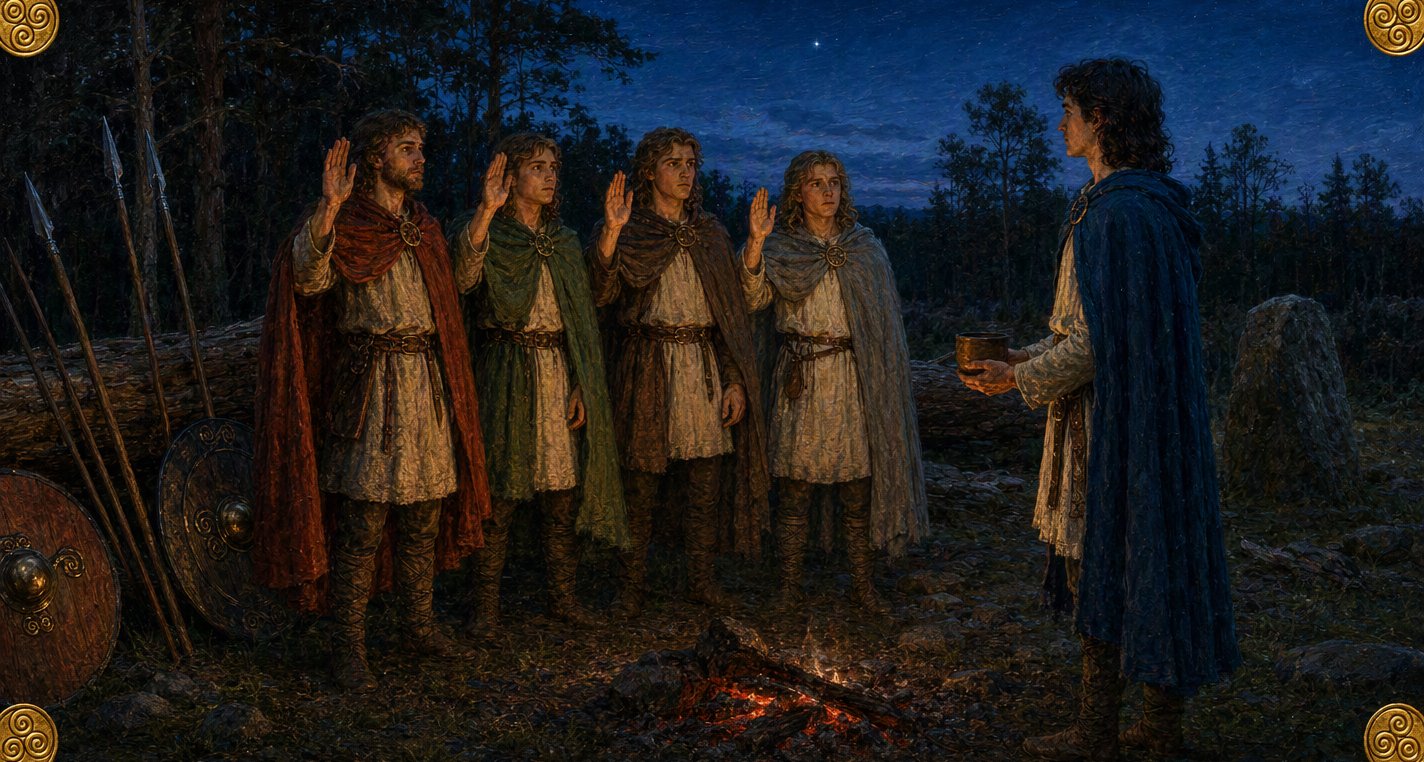 At dusk by a low fire in a forest clearing four young men in red, green, brown and grey cloaks raise their right hands before Niall, who holds a wooden cup of water.