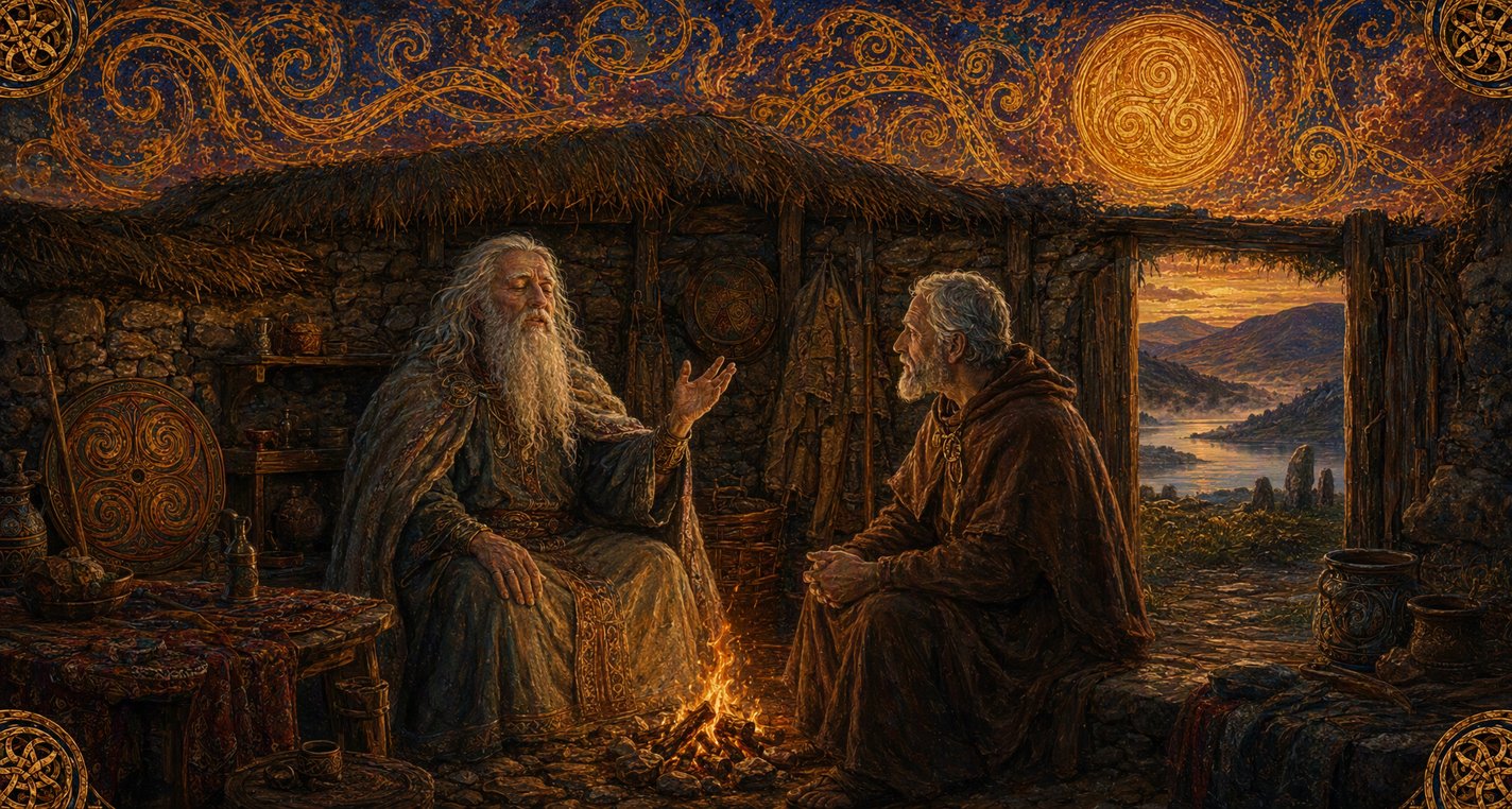 By a small fire an old blind man with white hair tells his story to a saint who listens.