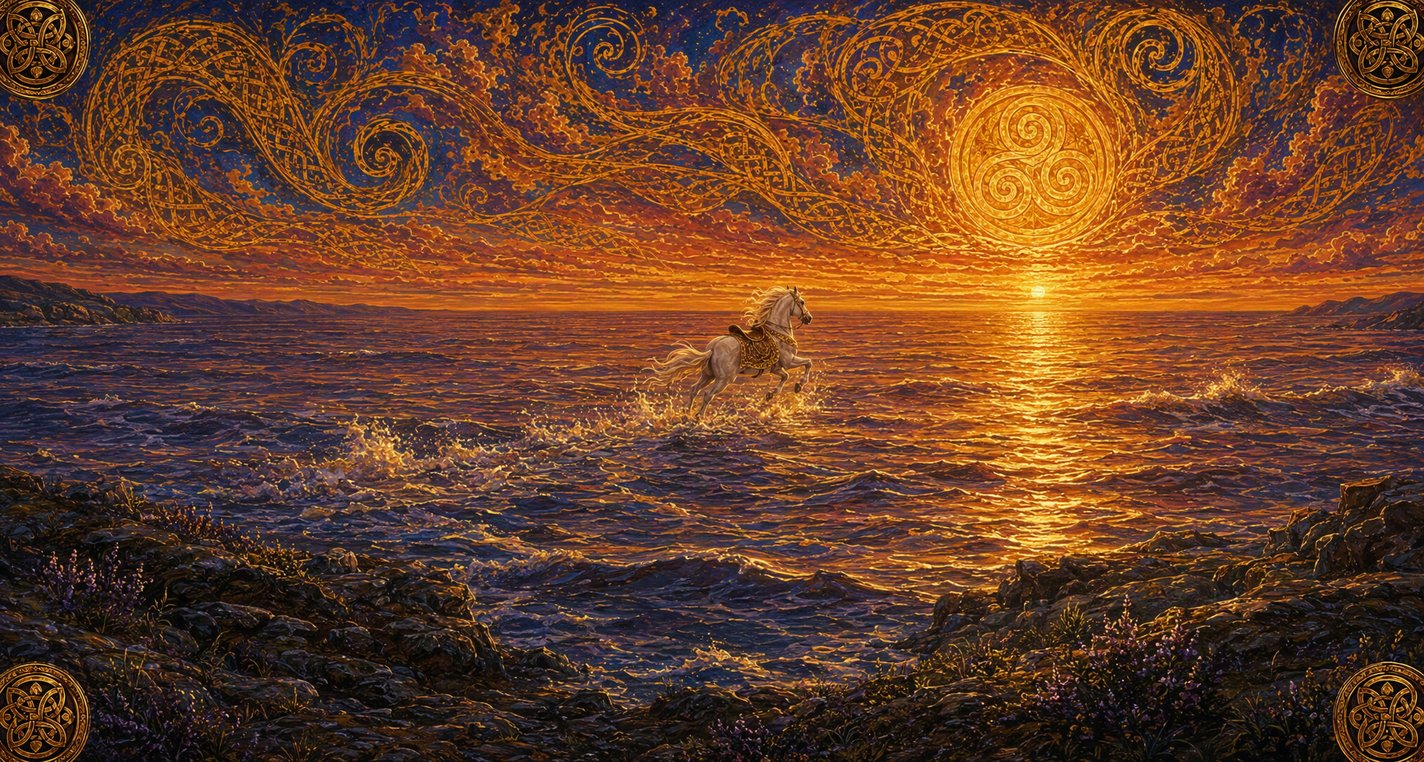 At evening far out on the western sea a riderless white horse runs over the water toward the setting sun.