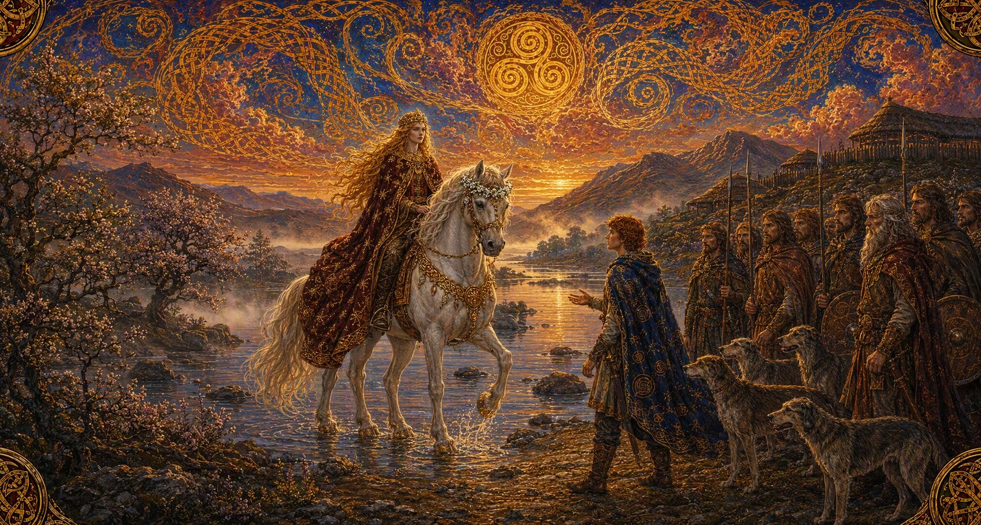 On a misty lake shore in blossom, a woman in a gold-starred mantle rides a white horse toward a band of hunters and their hounds.
