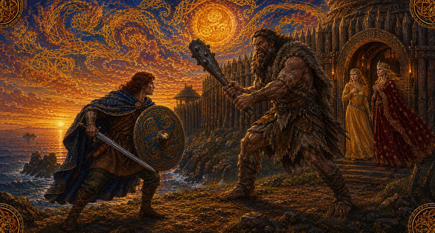 Before a shining fortress a young warrior fights a huge giant in deerskins with an iron club as a princess in yellow watches.