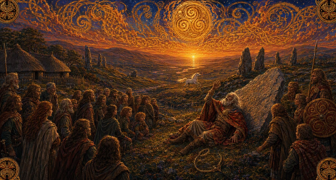 In a glen at evening an old man lies by a great stone he has thrown while a riderless white horse runs away into the west.