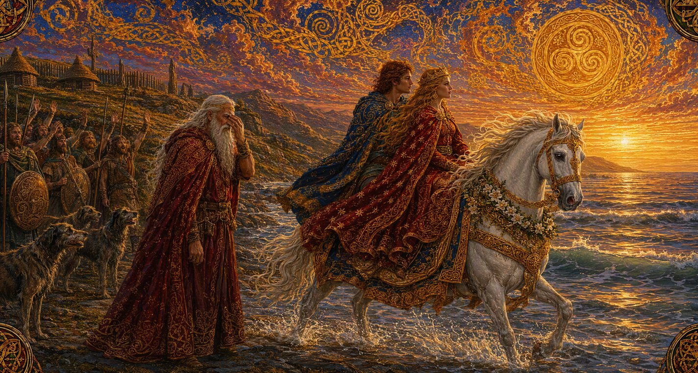 On a strand a white horse carrying two riders heads into the sea while a weeping old warrior and his men watch from the shore.