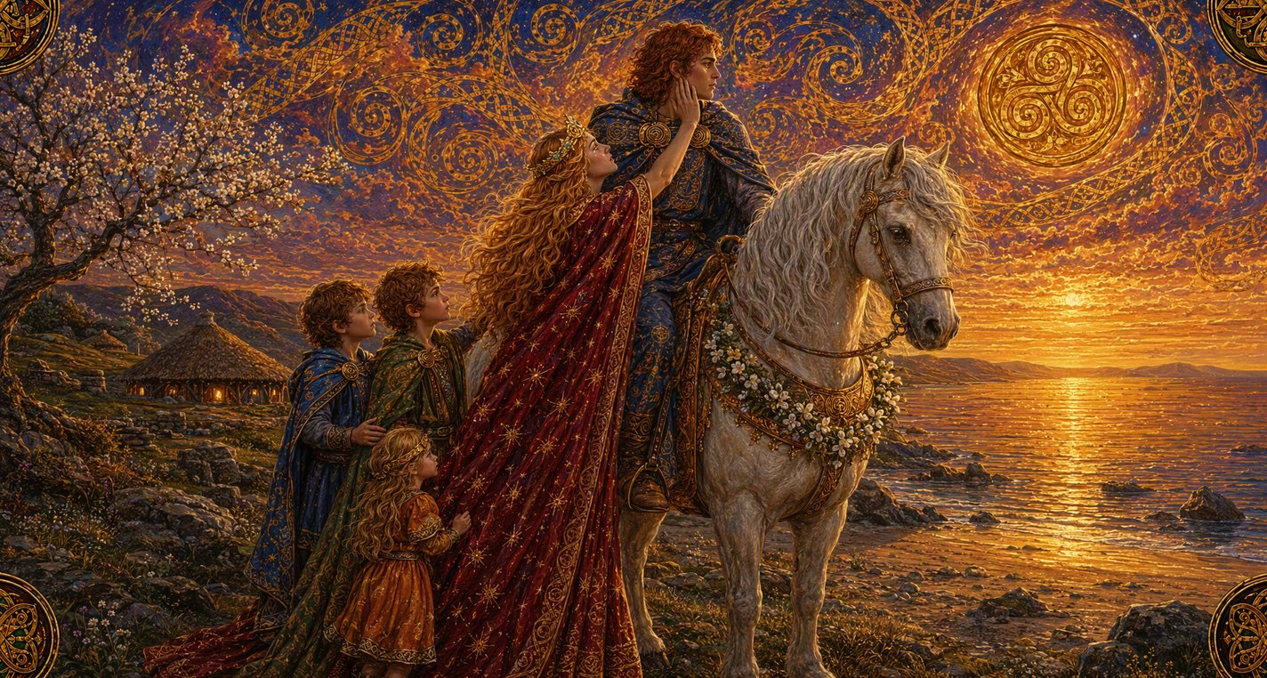 At evening a weeping golden-haired woman kisses a man goodbye as he sits on a white horse facing the sea.