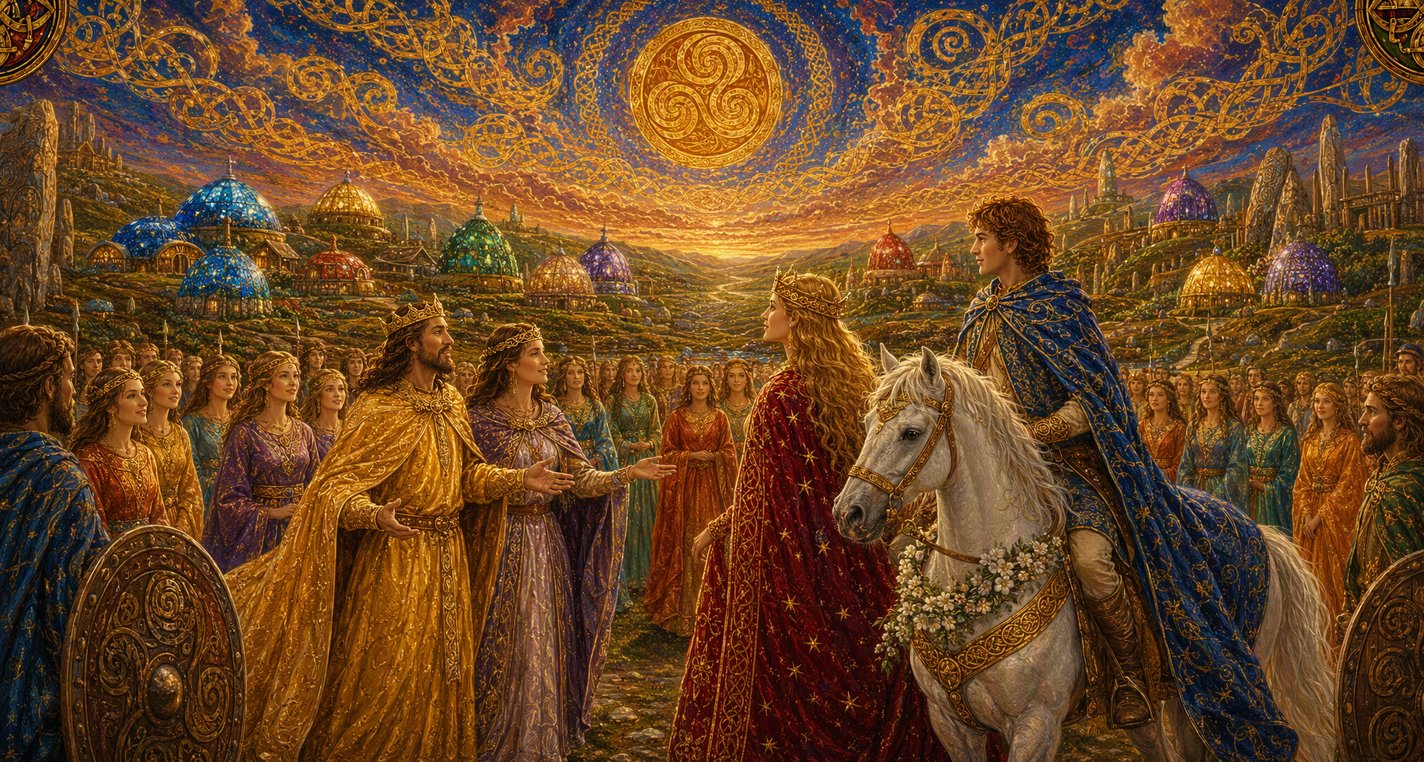 In a land in bloom a king in a golden cloak comes from a fort of many colours to welcome a golden-haired woman and a young man on a white horse.