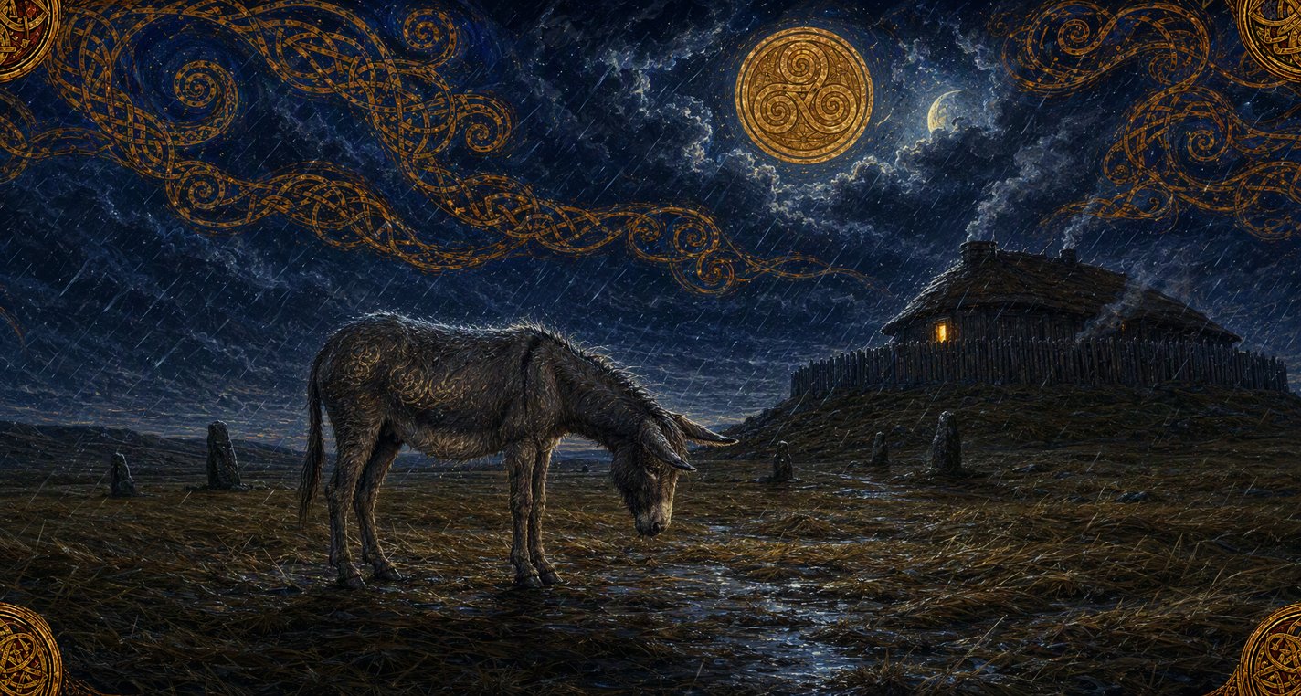 A grey ass stands alone in a bare field at night under driving winter rain.