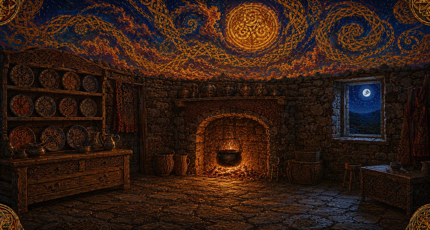An empty kitchen at night, the fire raked down and glowing and the dishes clean on the dresser.
